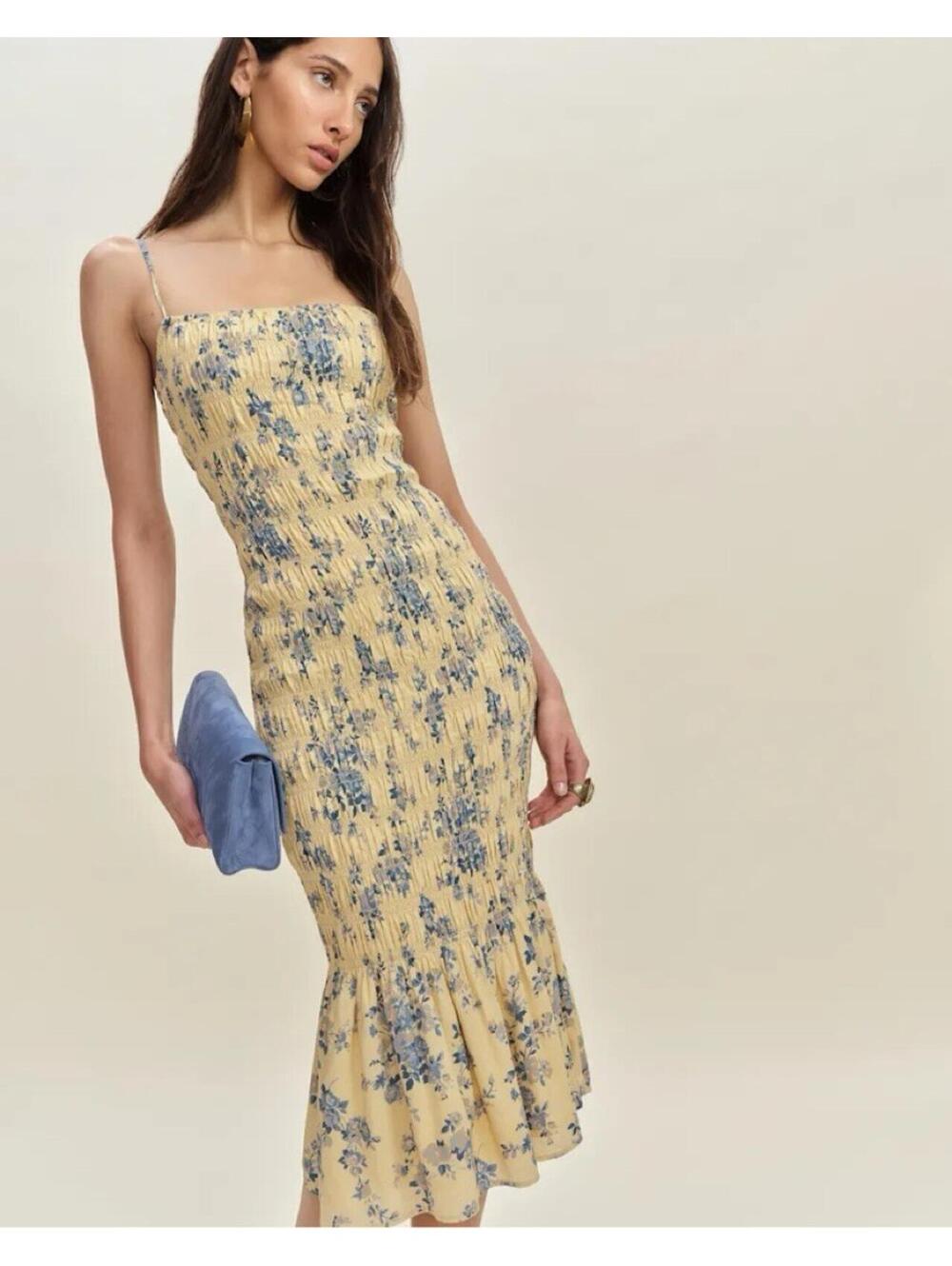Reformation Yellow Floral Smocked Midi Dress with Blue Print